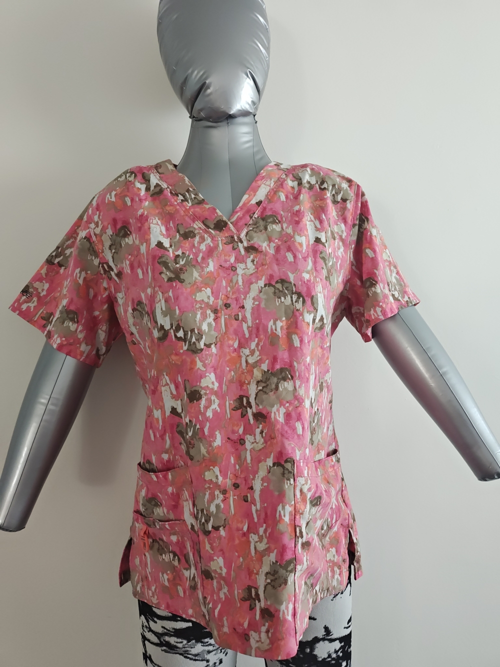 Pink Floral V-Neck Scrub Top